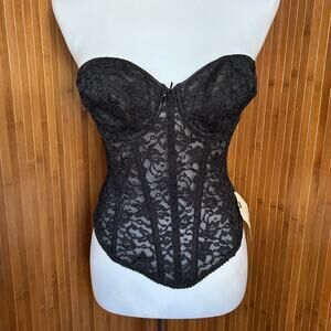 Vintage 70s Valmont Black Lace Longline Corset Bustier 36C